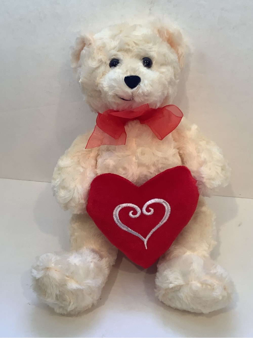 Burton And Burton Cream Teddy Bear with Swirl Fur Red Heart Pillow and Red Bow